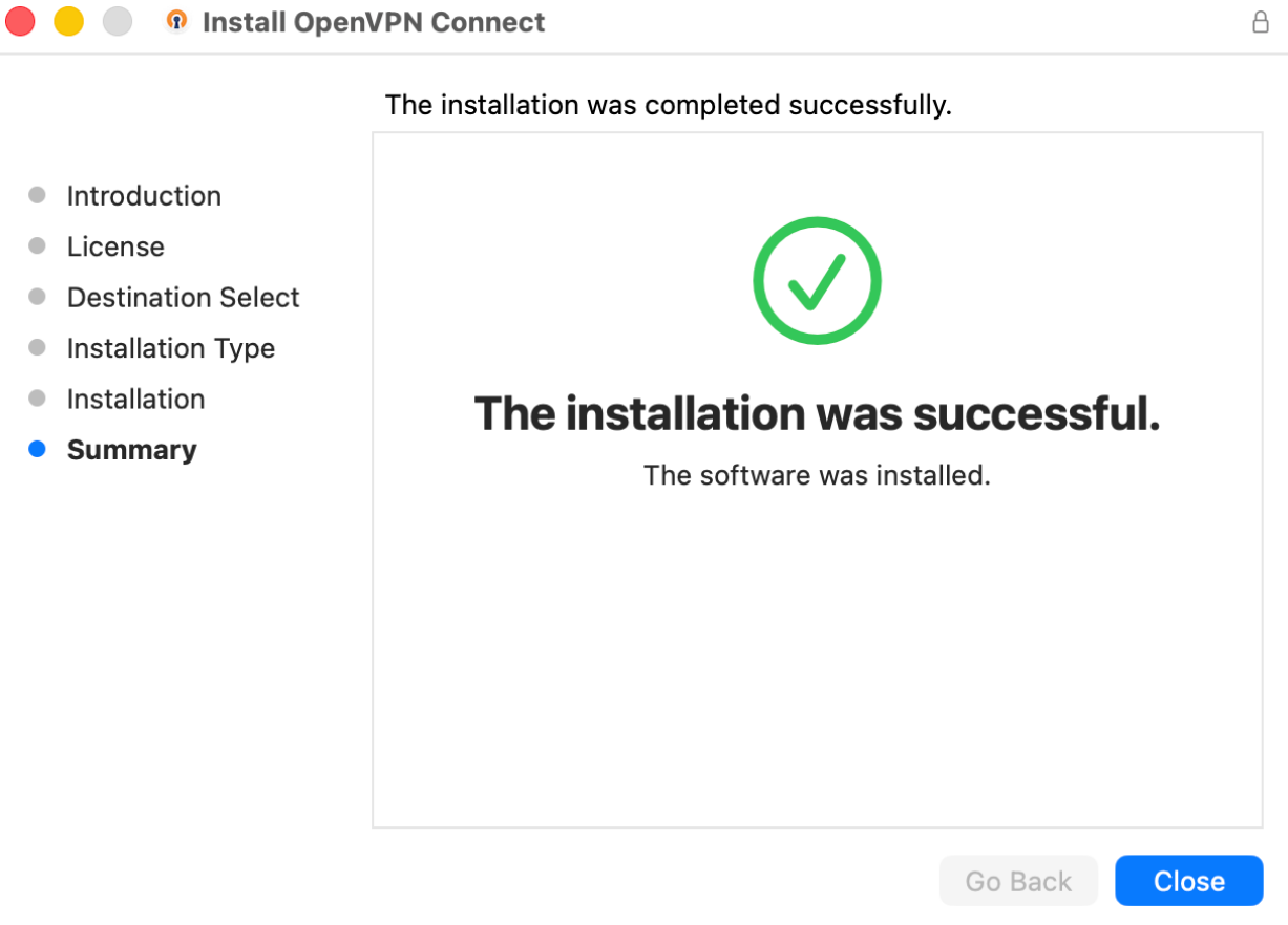 OpenVPN Connect installer on Mac showing the installation completed successfully.