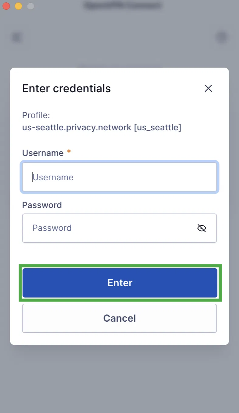 OpenVPN Connect on Mac showing the Enter credentials prompt.