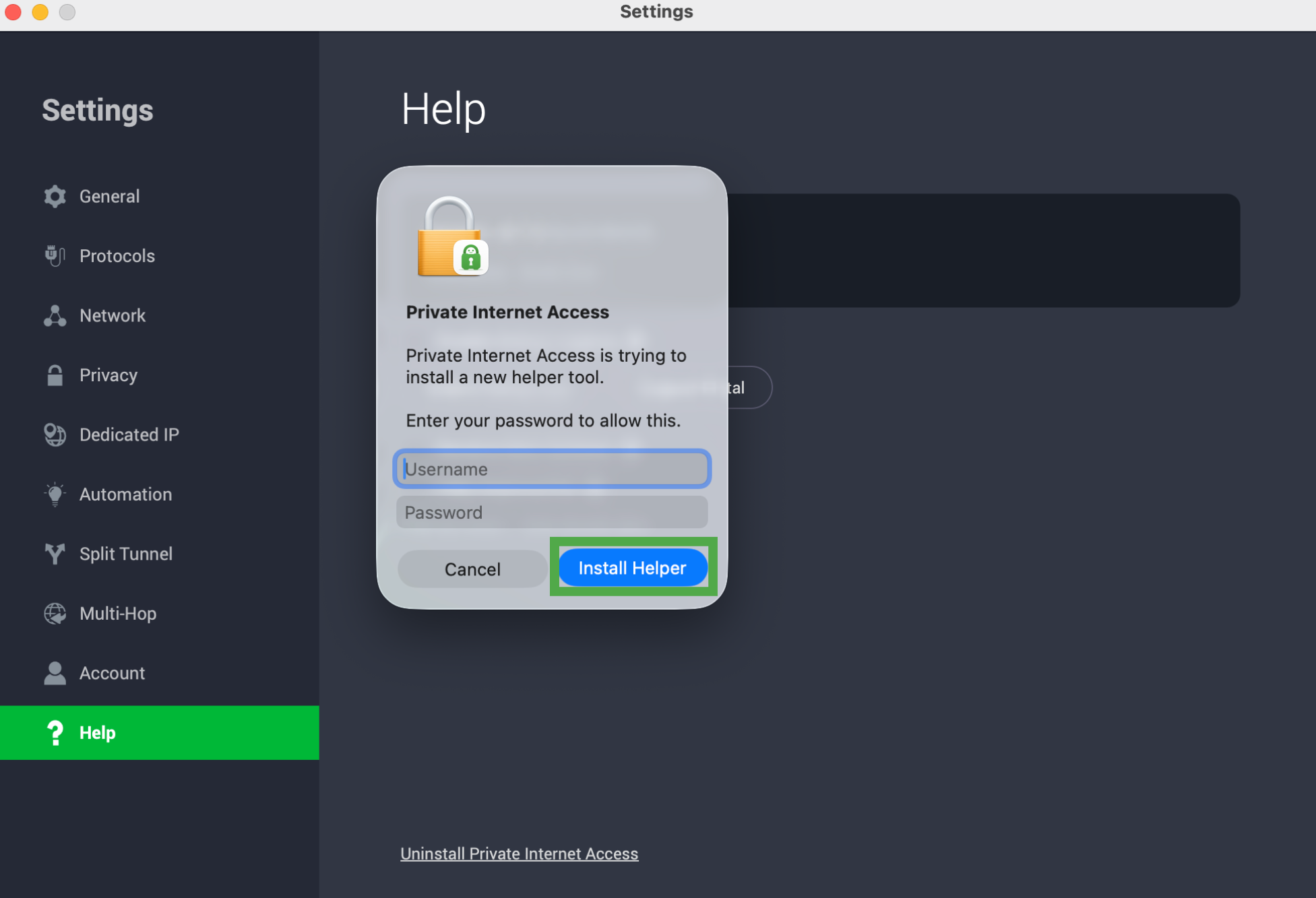 macOS helper tool prompt with Install Helper highlighted.