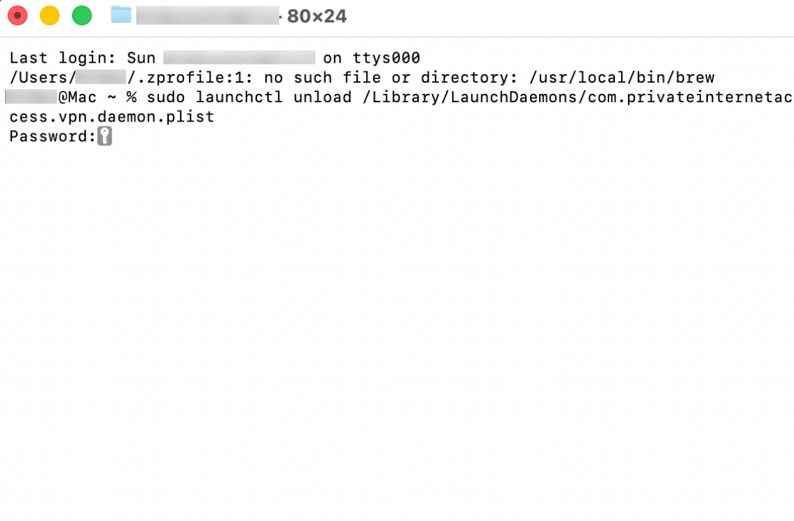 macOS Terminal asking for a password after entering the PIA launch daemon unload command.