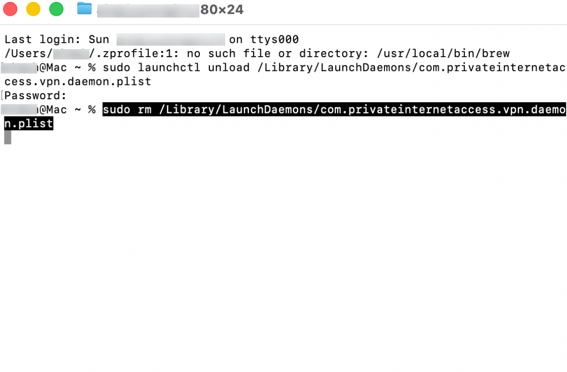 macOS Terminal showing the command to remove the PIA launch daemon file.