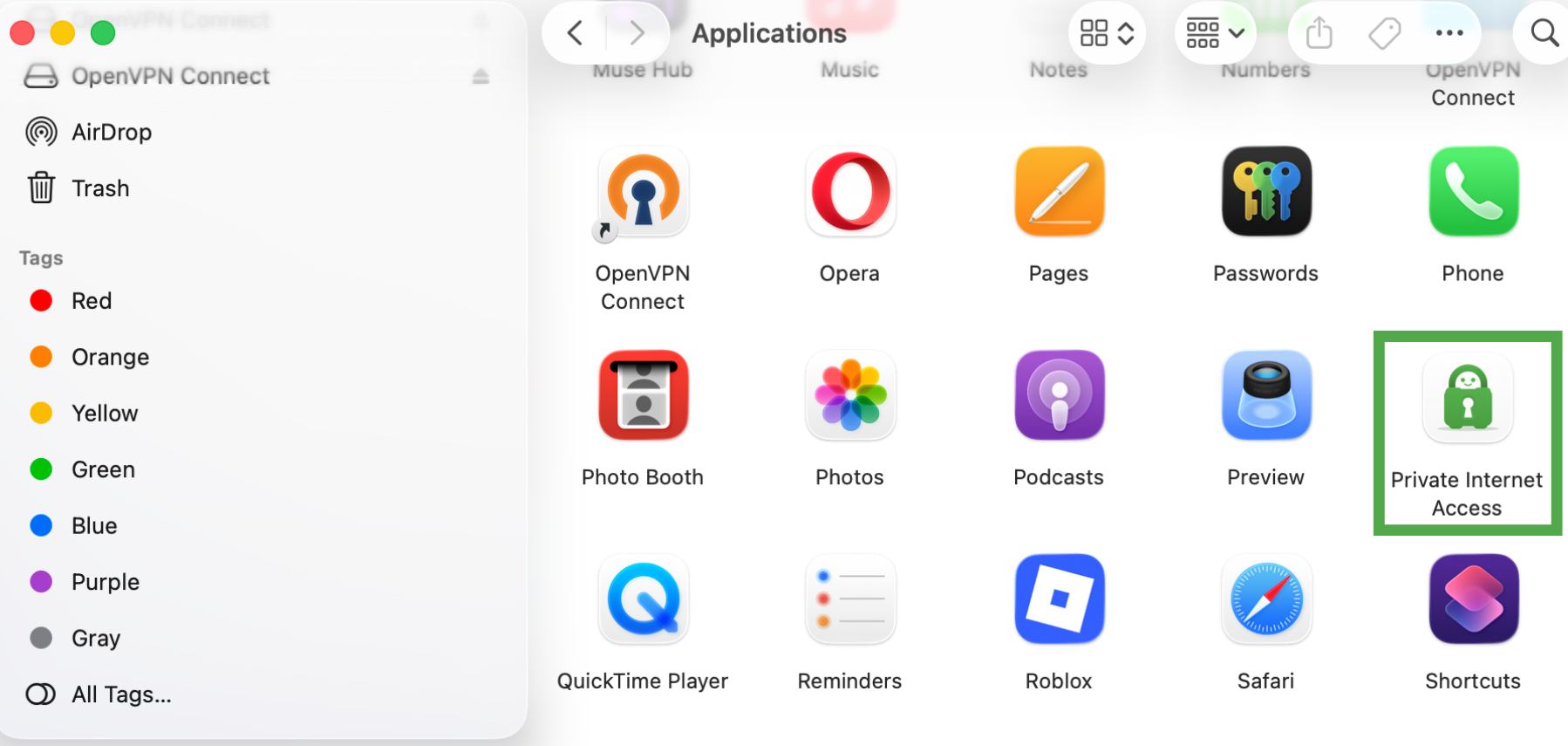 macOS Applications folder with the Private Internet Access app highlighted.