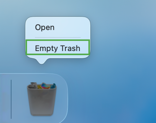 The Trash icon on macOS, with a highlighted "Empty Trash" option.