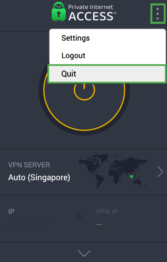 PIA Mac app menu open with Quit highlighted.