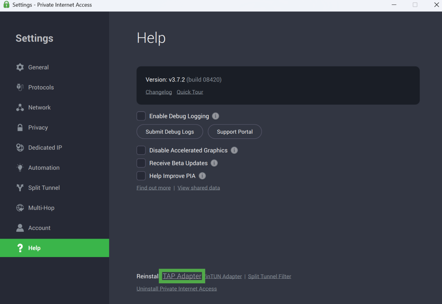 PIA "Help" settings screen, with the "TAP Adapter" text highlighted in a green box.