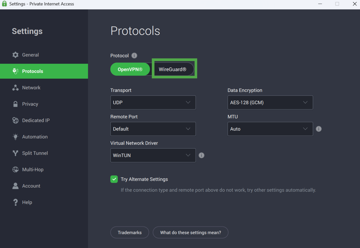 PIA settings menu on the "Protocols" tab, with the "WireGuard" protocol option highlighted in a green box.