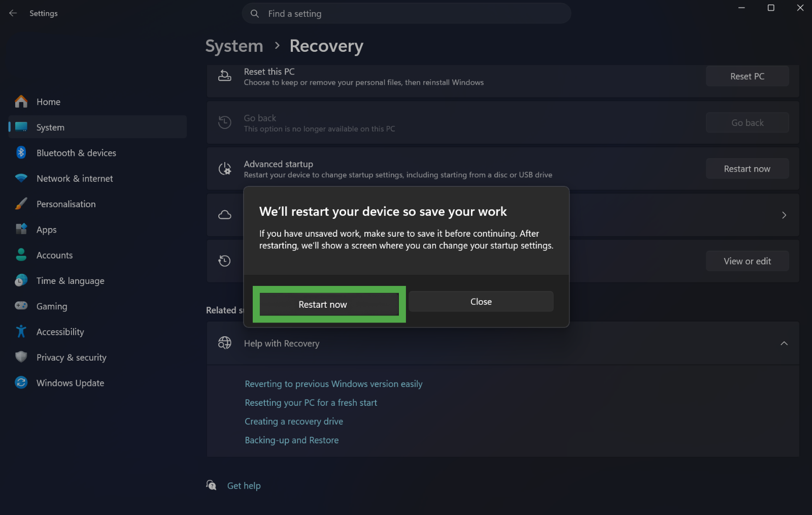 Windows 11 "Recovery" settings page stating "We'll restart your device so save your work," with the "Restart now" button highlighted in a green box.