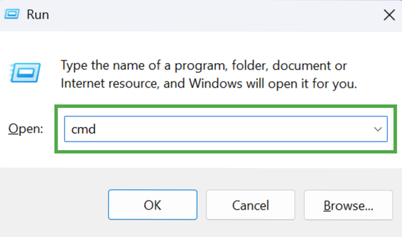  The Windows Run dialog box with "cmd" entered in the text field, which is highlighted with a green box.