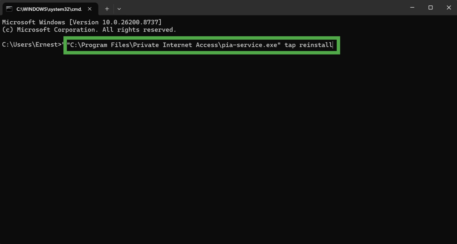 Windows 11 command terminal, showing a prompt on how to reinstall PIA.
