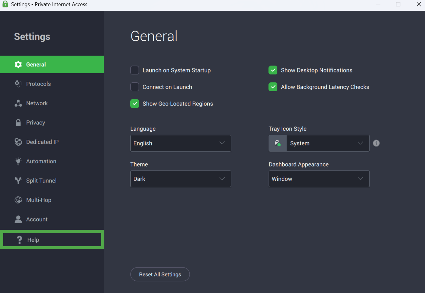 PIA settings menu with the "Help" option at the bottom of the sidebar highlighted in a green box.