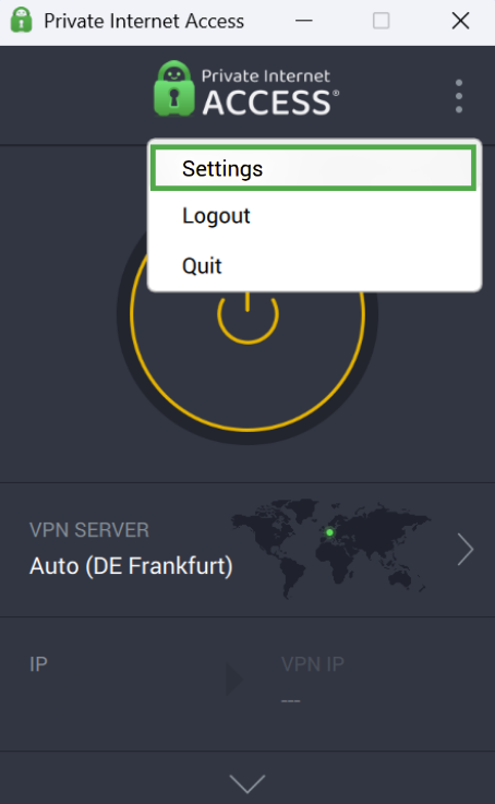 PIA desktop application dashboard with the three-dot menu button in the upper-right corner outlined in green.
