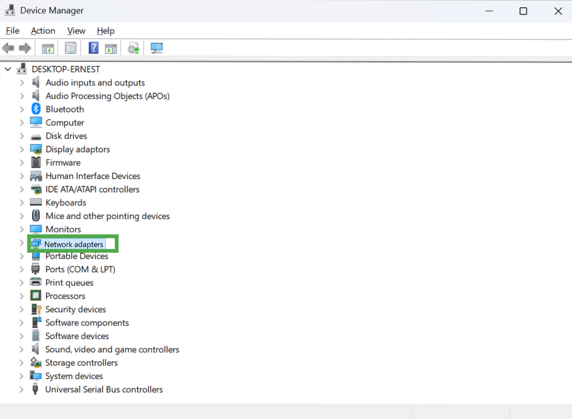 The Device Manager window displaying a list of hardware, with "Network adapters" highlighted with a green box.