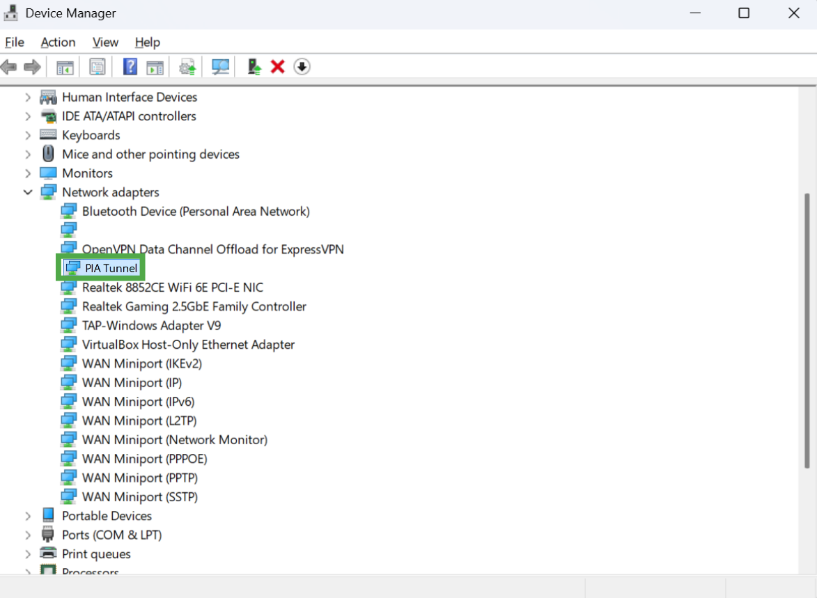 The expanded "Network adapters" list in Device Manager, with "PIA Tunnel" highlighted with a green box.
