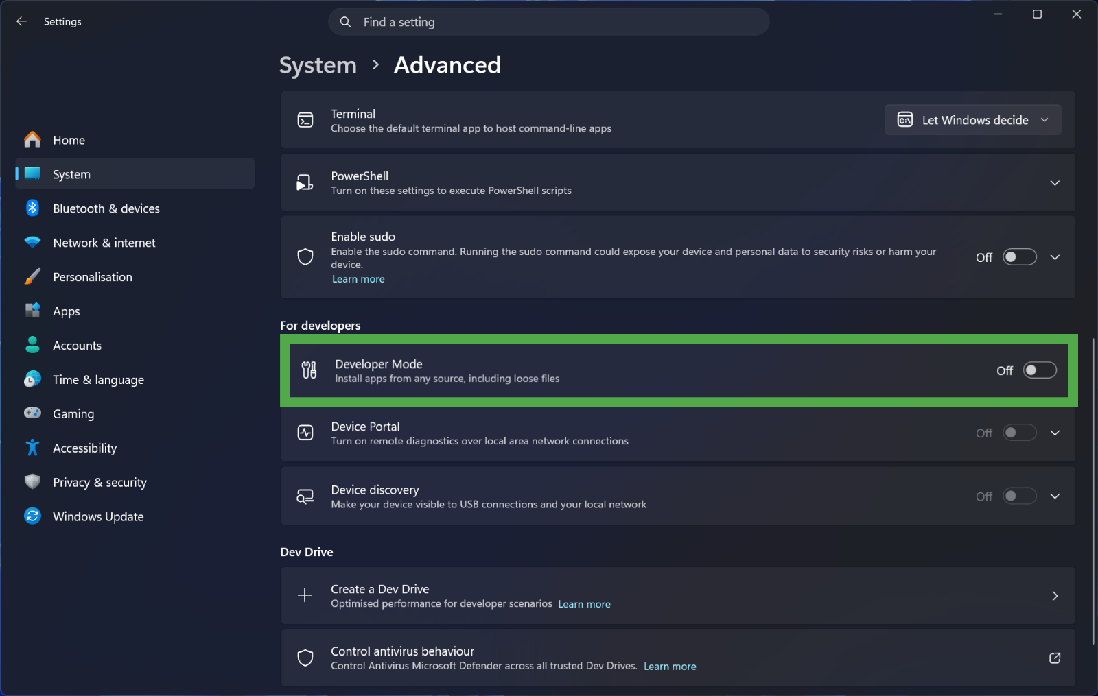 Windows 11 "Advanced" settings page, with the "Developer Mode" toggle highlighted in a green box.