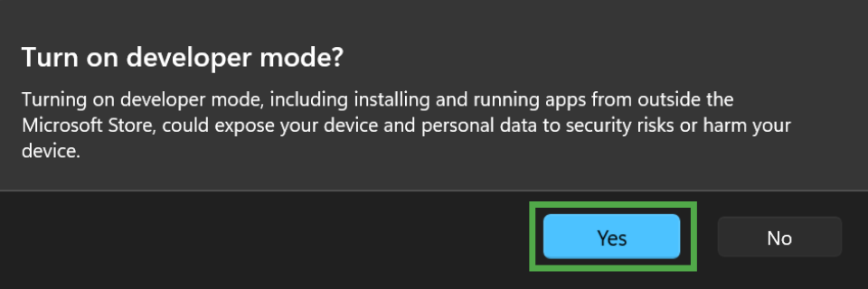 A confirmation prompt asking "Turn on developer mode?" with the "Yes" button highlighted in a green box.