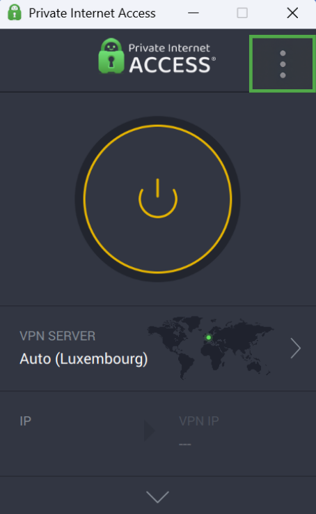 PIA app with the three-dot menu icon in the top-right corner highlighted in a green box.