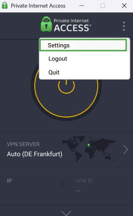 PIA dashboard with the application menu open, showing "Settings" highlighted in a green box.