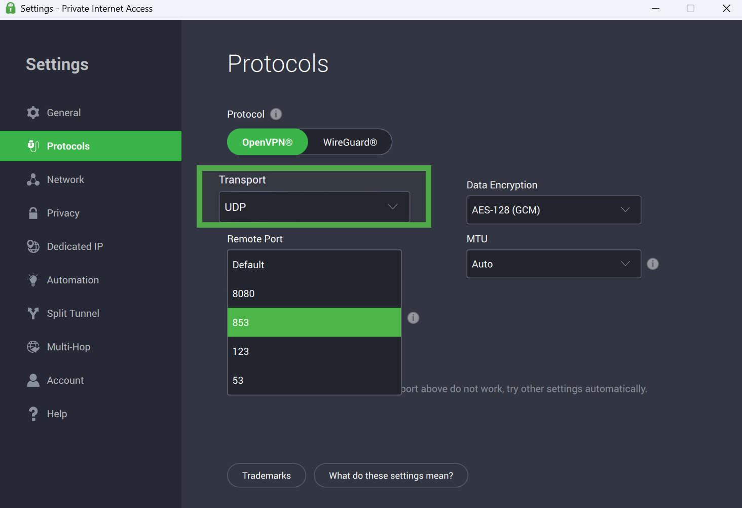 PIA settings menu on the "Protocols" tab, with the "Transport" dropdown menu highlighted in a green box.
