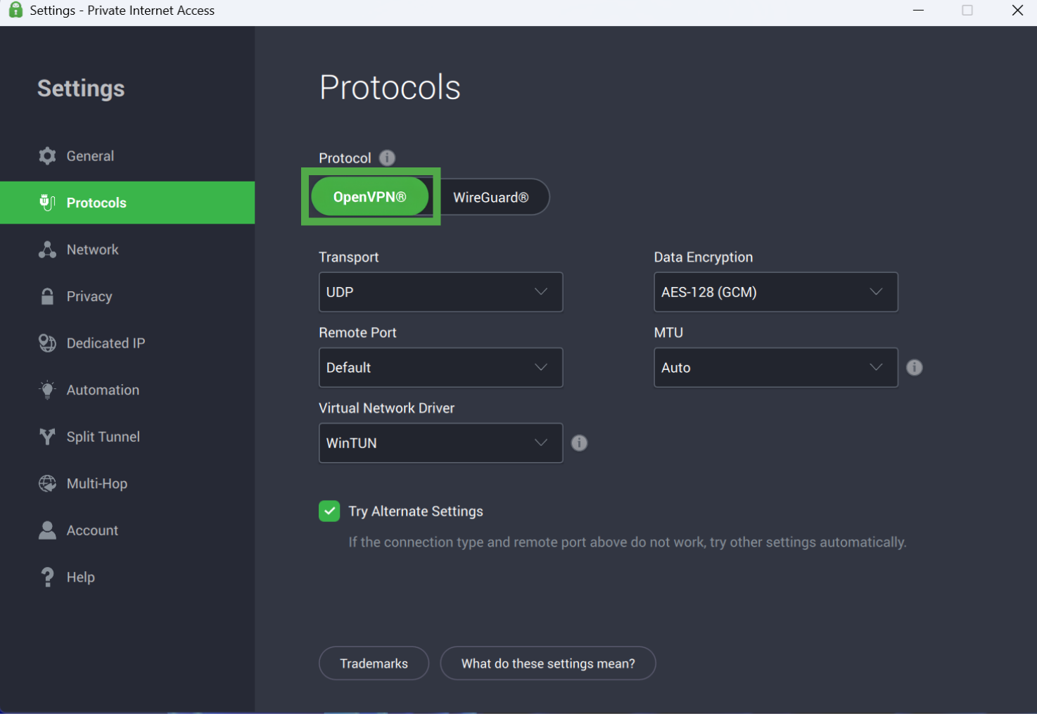 PIA settings menu on the "Protocols" tab, with the "OpenVPN" protocol button highlighted in a green box.