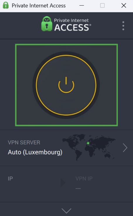 PIA application dashboard, with the large power button icon in the center highlighted in a green box.