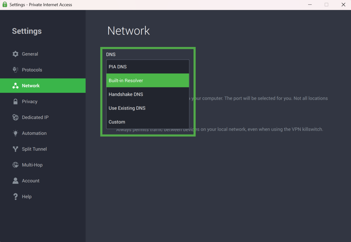 The "Network" settings screen within the Private Internet Access application.