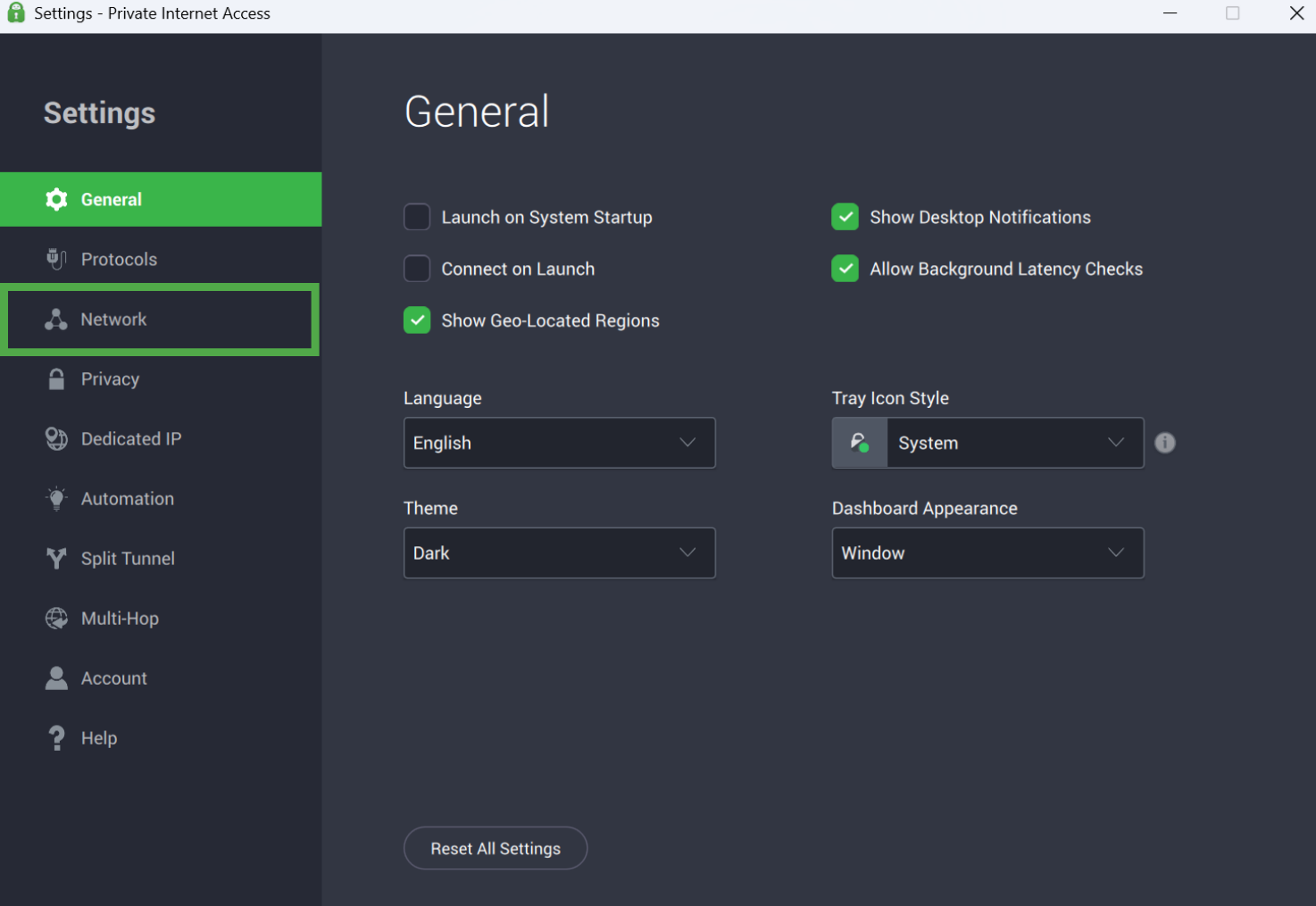 The "General" settings screen of the Private Internet Access application with the "Network" tab highlighted in the left-hand navigation menu.