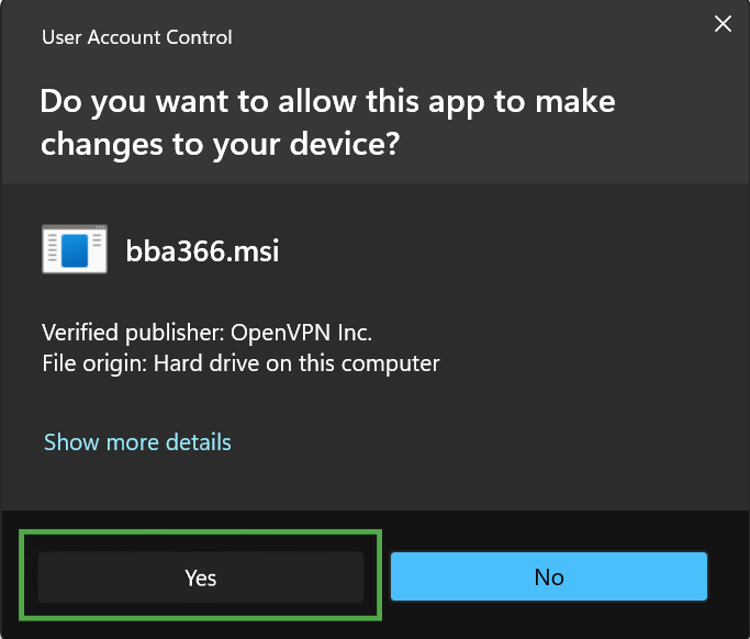 A Windows User Account Control prompt asking to allow the OpenVPN app to make changes to the device.