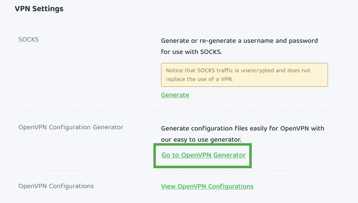 Private Internet Access VPN settings page, with the "Go to OpenVPN Generator" link highlighted in a green box.