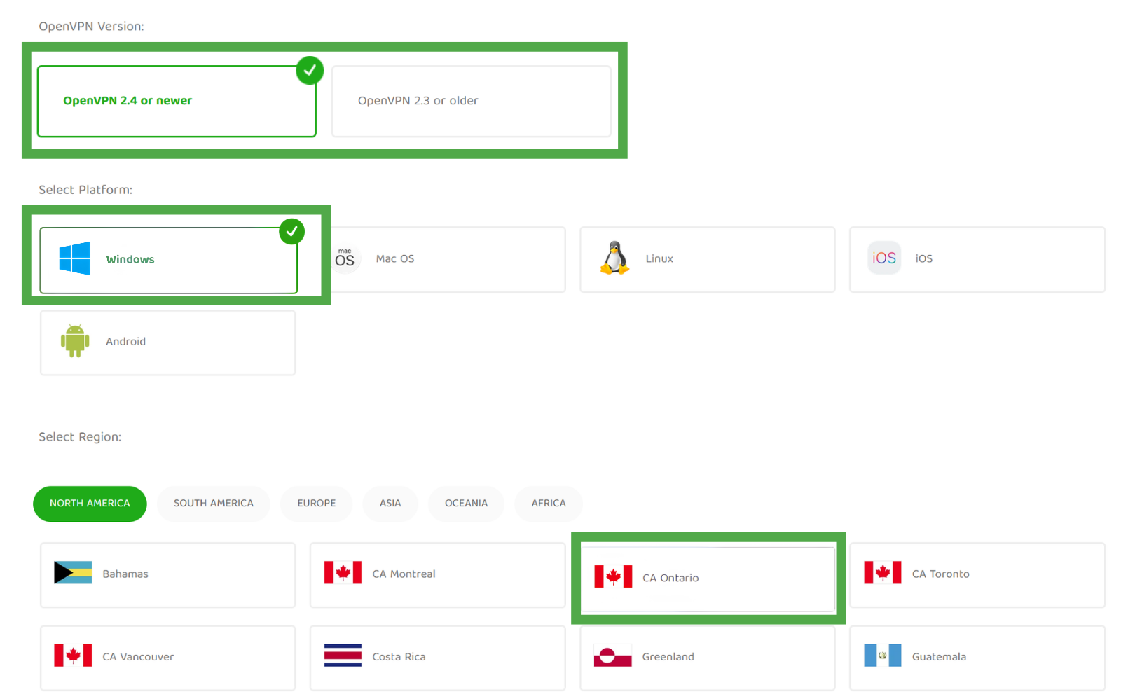 The OpenVPN generator configuration screen.