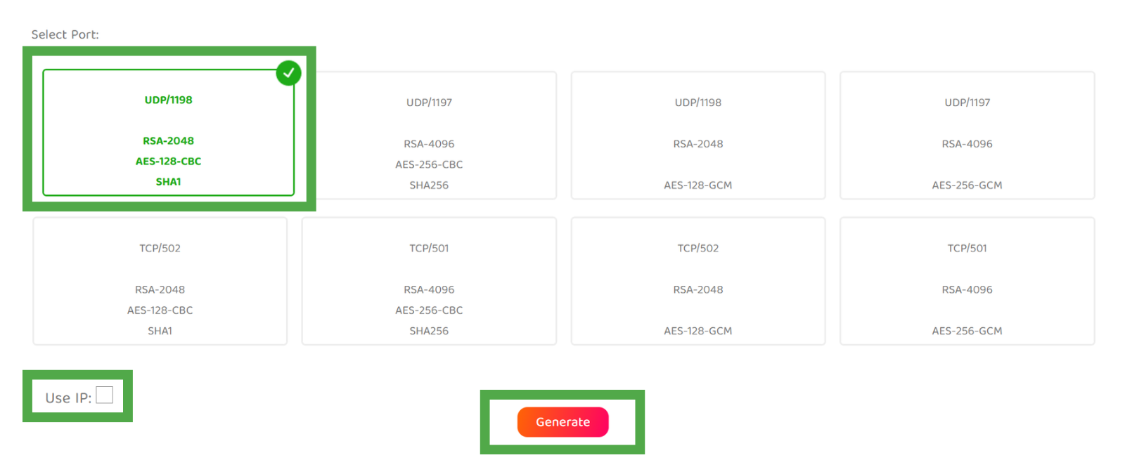 The "Select Port" configuration screen for the OpenVPN generator.