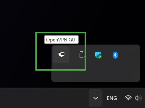 Windows system tray showing the "OpenVPN GUI" icon with a hover text box highlighted with a green box.