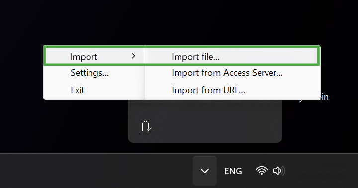 The context menu for the OpenVPN GUI system tray icon, with the "Import" menu option and the "Import file..." submenu item highlighted with a green box.