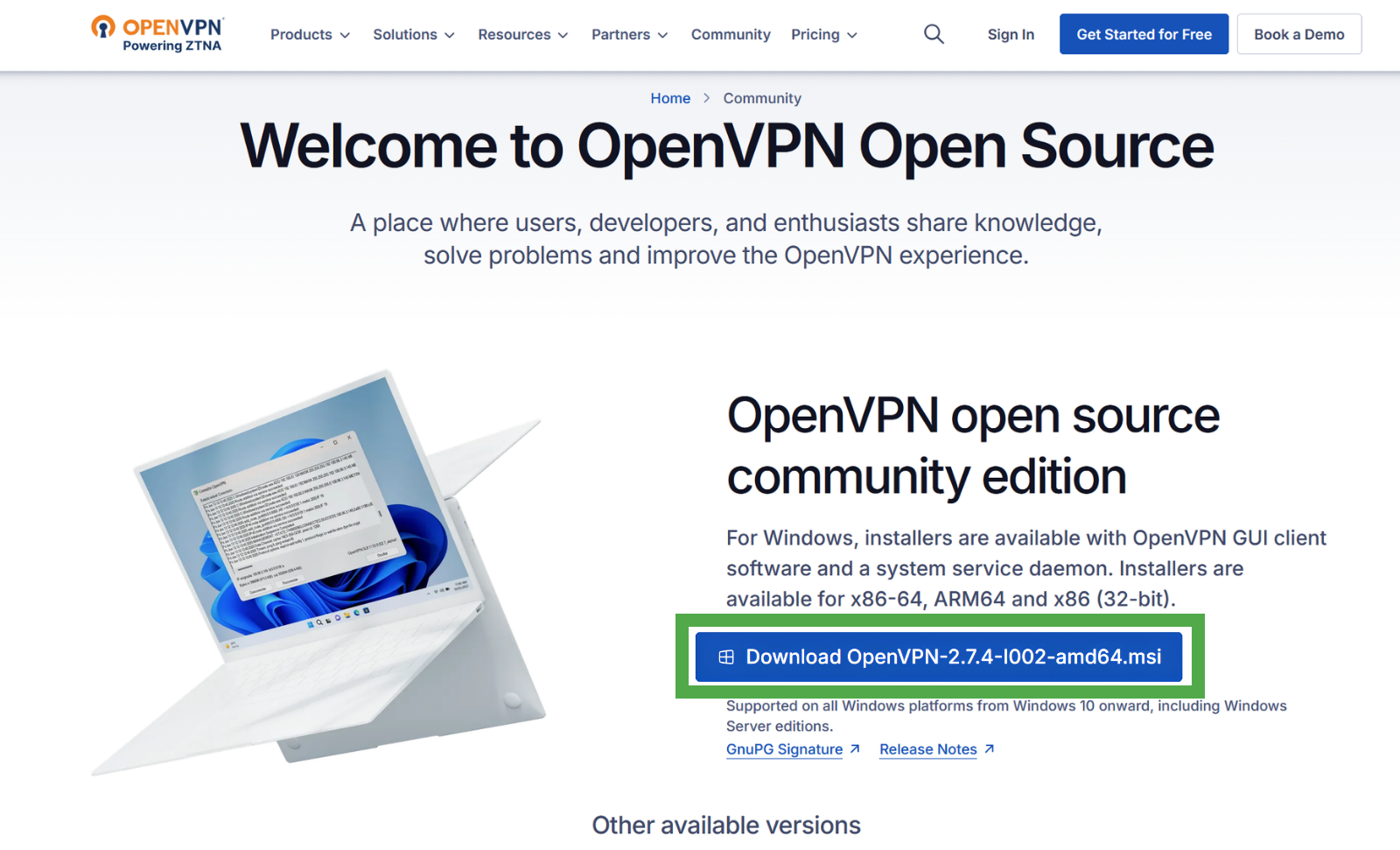 OpenVPN community website landing page.