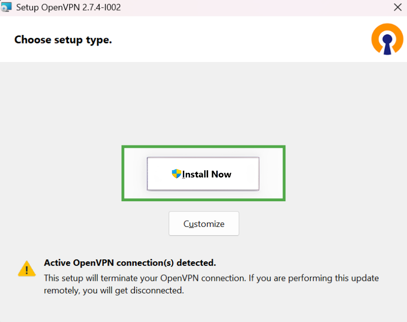 The OpenVPN setup wizard window showing the "Install Now" button.