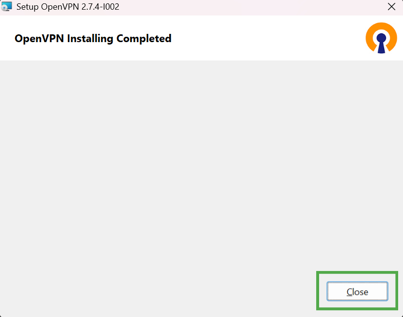 The OpenVPN setup wizard completion screen showing the "Close" button.