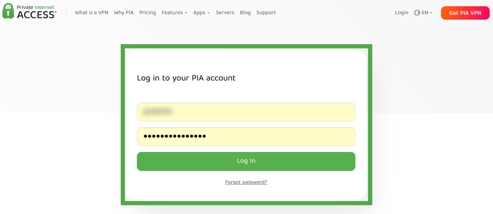 The Private Internet Access login page with the "Log in to your PIA account" fields highlighted in a green box.