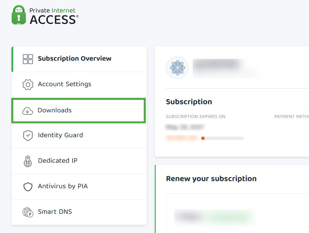 Private Internet Access account dashboard with the "Downloads" tab highlighted in a green box in the side menu.