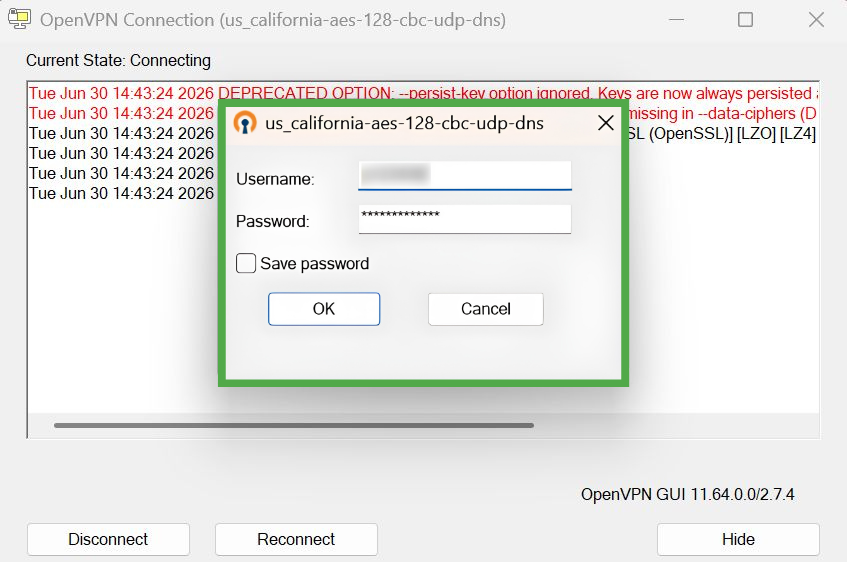 OpenVPN connection window prompting for a username and password, with the entire credential entry dialog box highlighted with a green box.