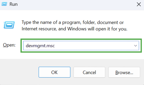The Windows "Run" dialog box with the command "devmgmt.msc" entered in the text field and highlighted in a green box.
