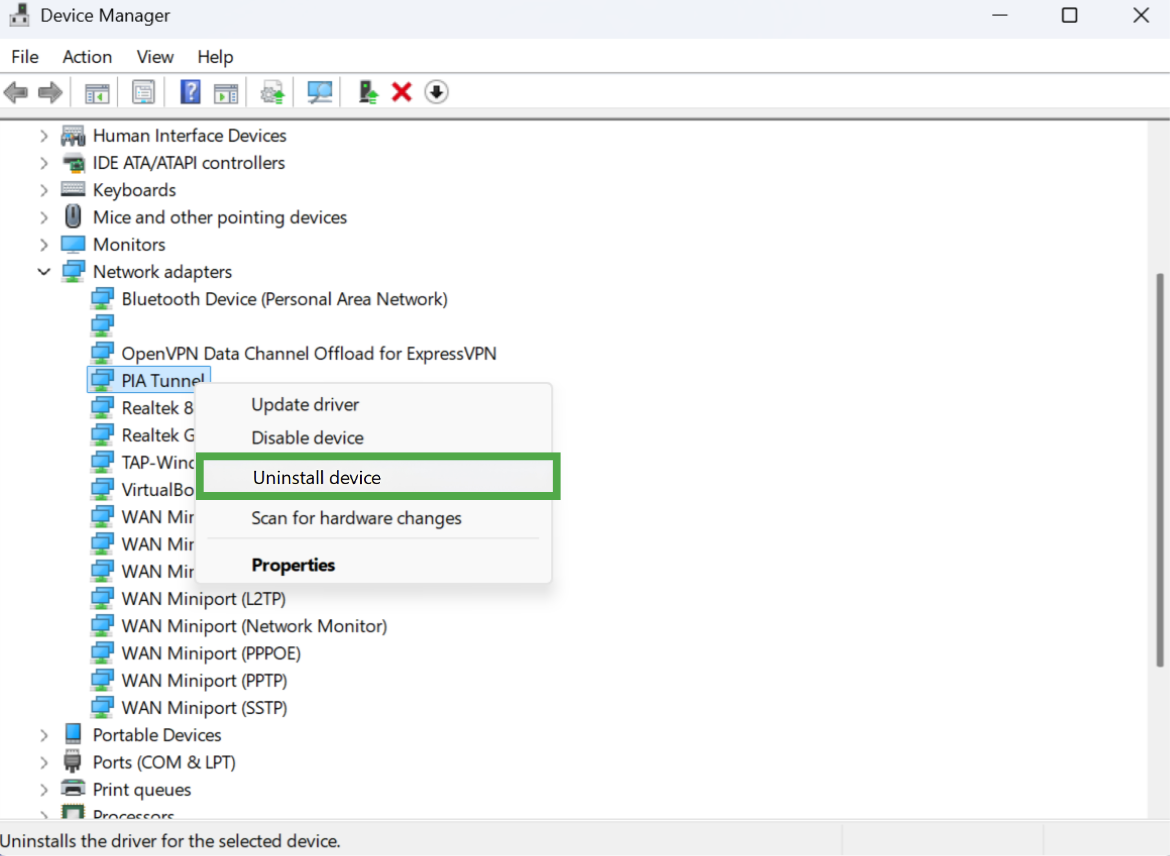 The Windows Device Manager window with an open context menu over the "PIA Tunnel" network adapter.