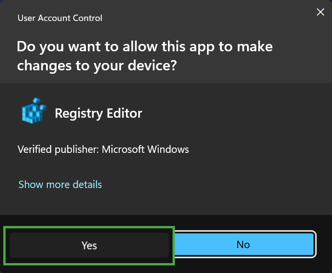 Windows User Account Control prompt asking for permission to allow the Registry Editor to make changes, with the "Yes" button highlighted in a green box.