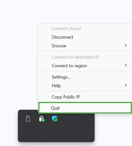 Private Internet Access system tray context menu with the "Quit" option highlighted in a green box.