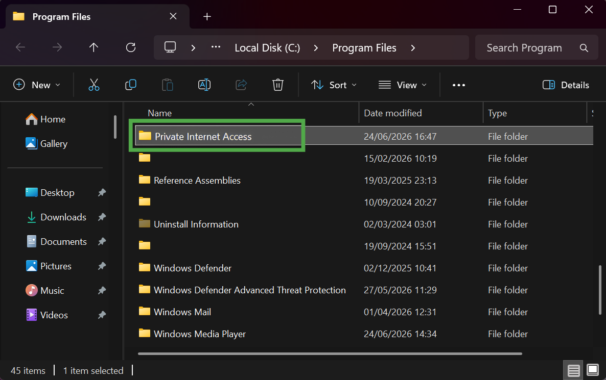 Windows File Explorer window displaying the "Private Internet Access" folder.