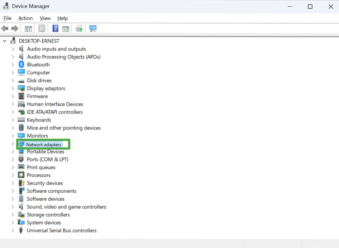 The Windows Device Manager window with the "Network adapters" section highlighted in a green box.