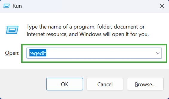 Windows "Run" dialog box with the text "regedit" entered in the "Open" field, which is highlighted in a green box.