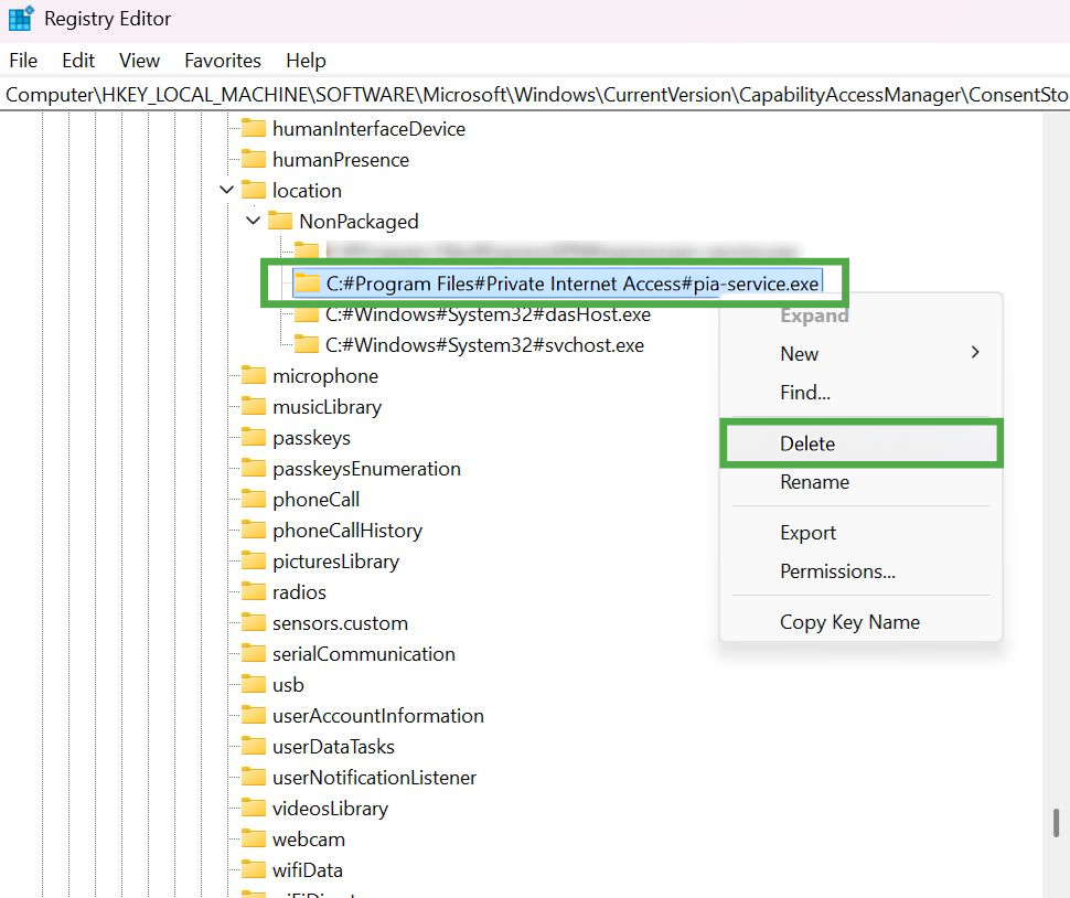 Registry Editor window with a "Private Internet Access" registry key selected and the "Delete" option highlighted in the context menu.