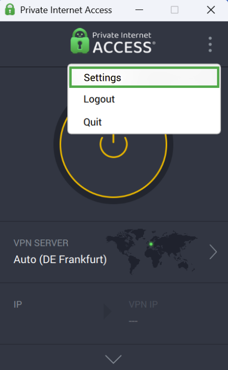 Private Internet Access menu with the "Settings" option highlighted in a green box.