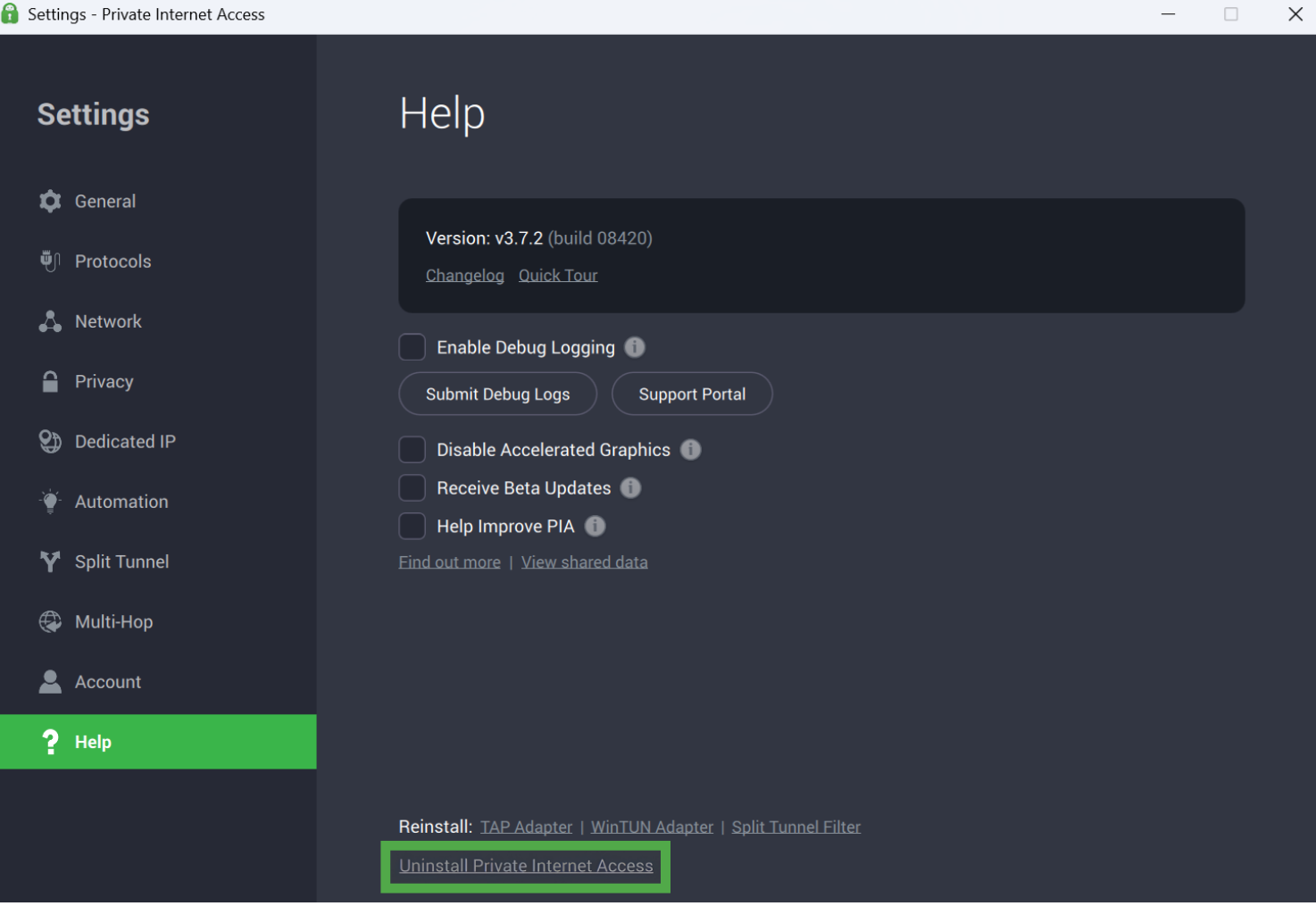 Private Internet Access Help screen with the "Uninstall Private Internet Access" option highlighted in a green box.