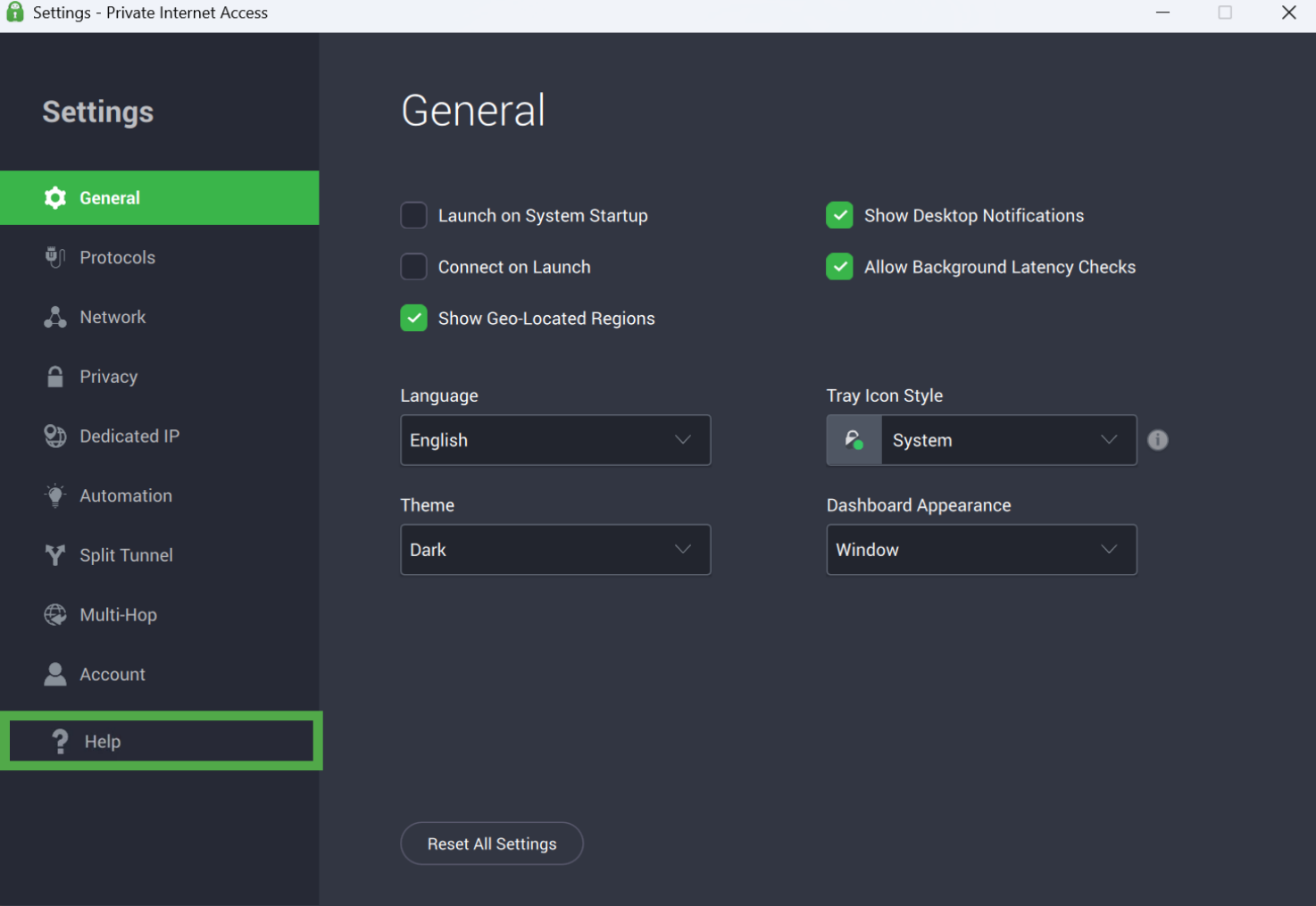 Private Internet Access settings menu with the "Help" tab highlighted in a green box.