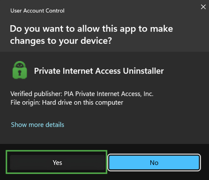 Windows User Account Control prompt with the "Yes" button highlighted in a green box.